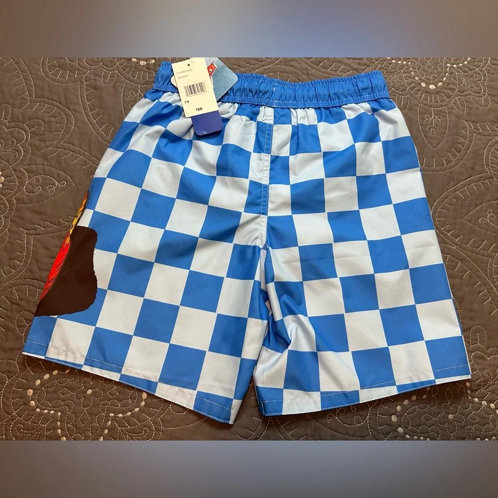 Disney/Pixar Cars Boys Blue Checkered Swim Trunks NWT Size 7/8